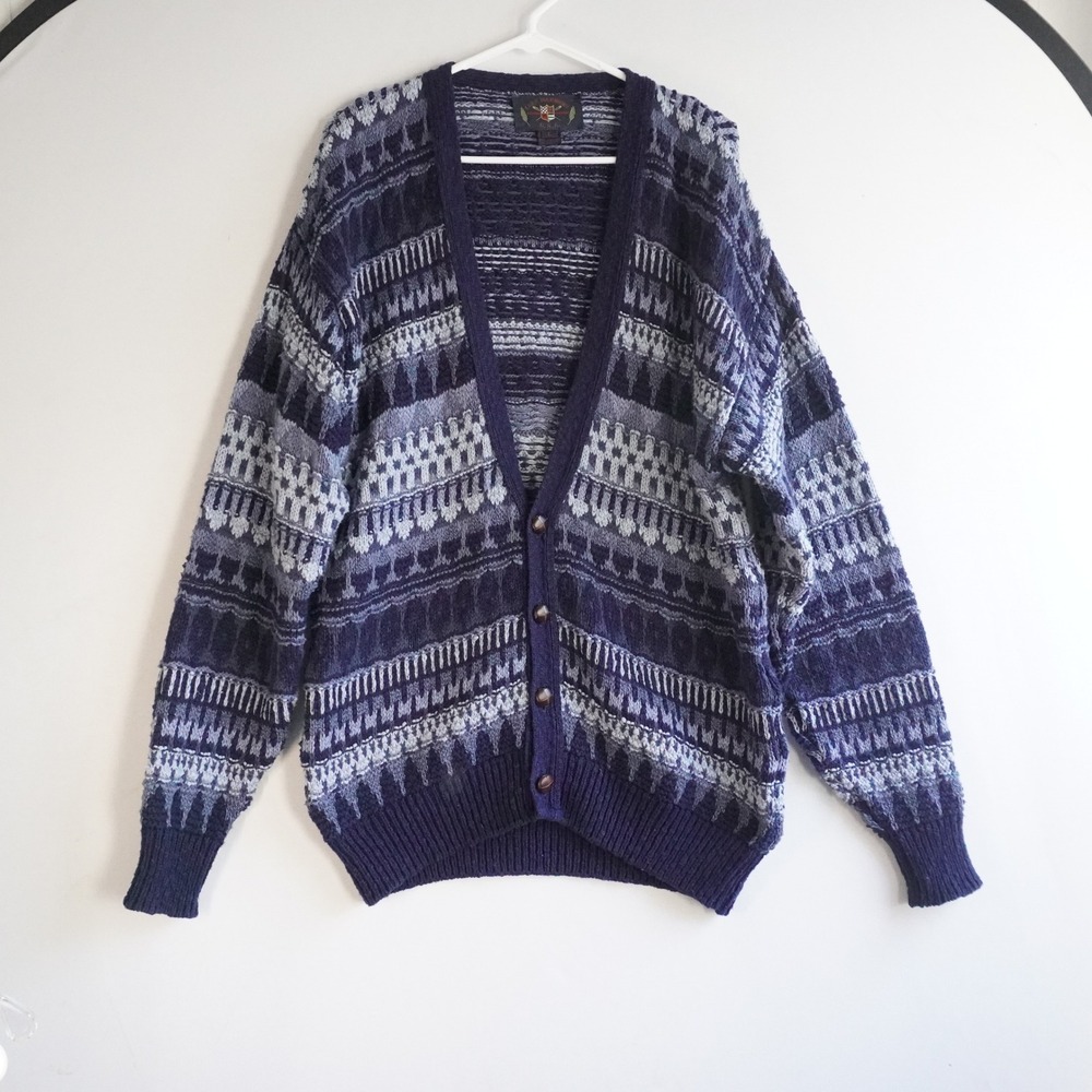 VTG Lake Harmony Mens L Navy Blue Patterned Knit Cotton Cardigan Sweater Grandpa